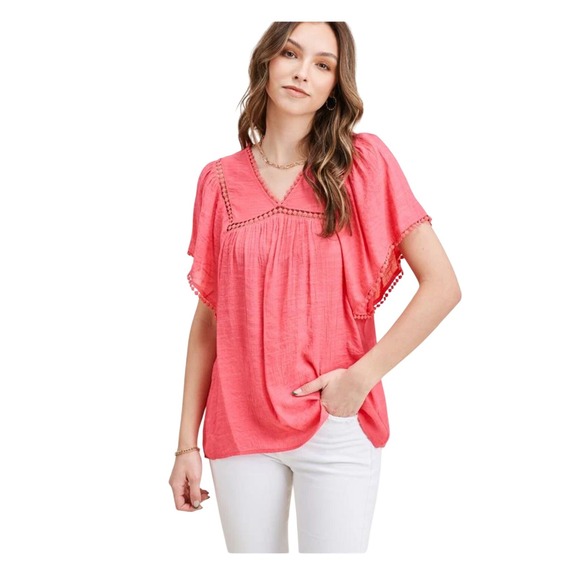 Flutter Sleeve Coral Top Crochet Trim V Neck Blouse Casual Summer Pink‎ Size L - Picture 1 of 7